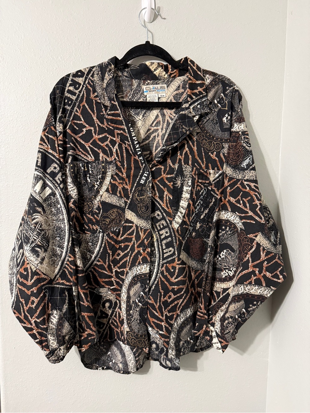 Cool Retro Vintage Safari Sporty Tribal Print 100% Cotton Button Up Shirt 16 W